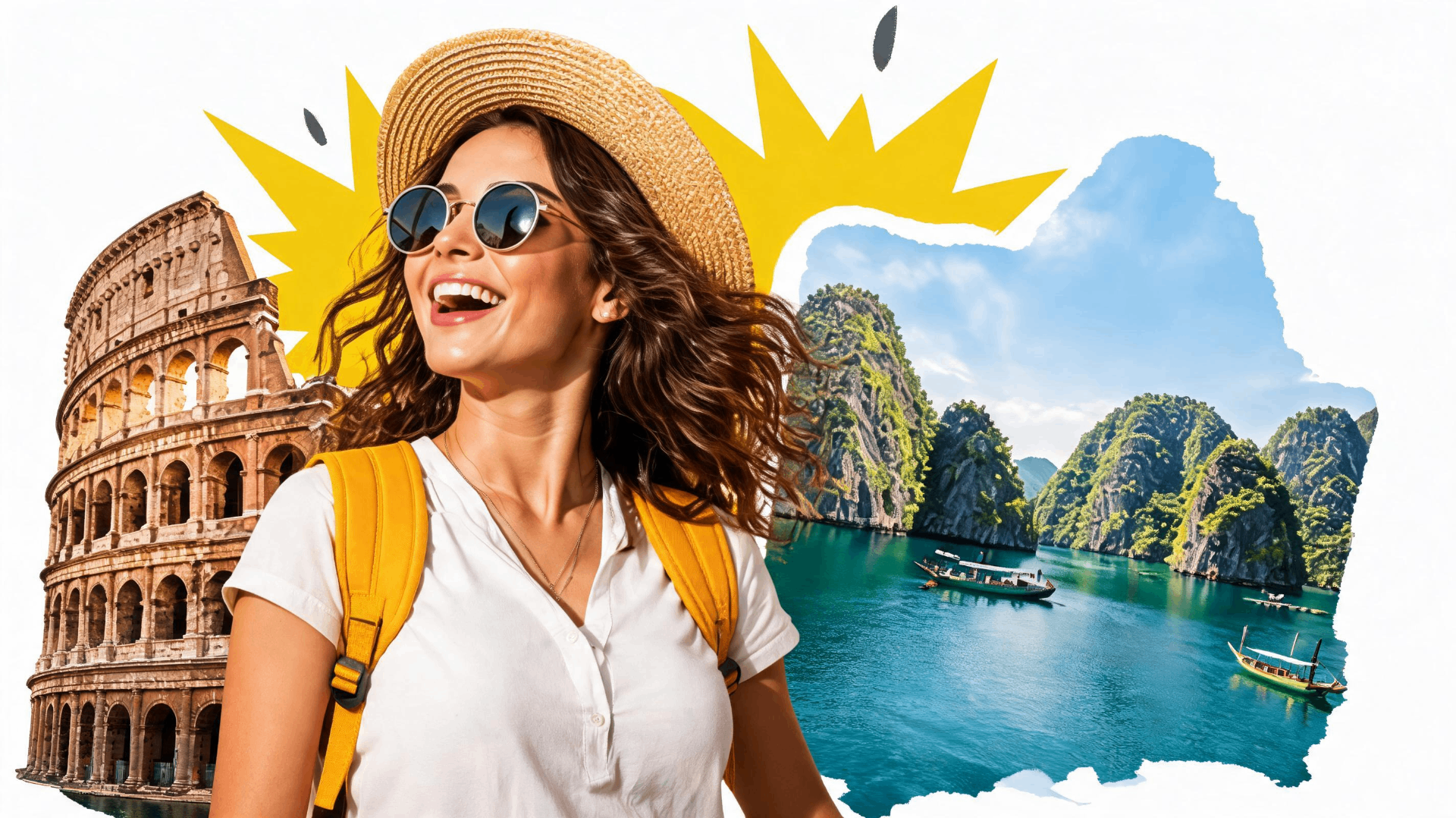 Happy traveler with iconic destinations